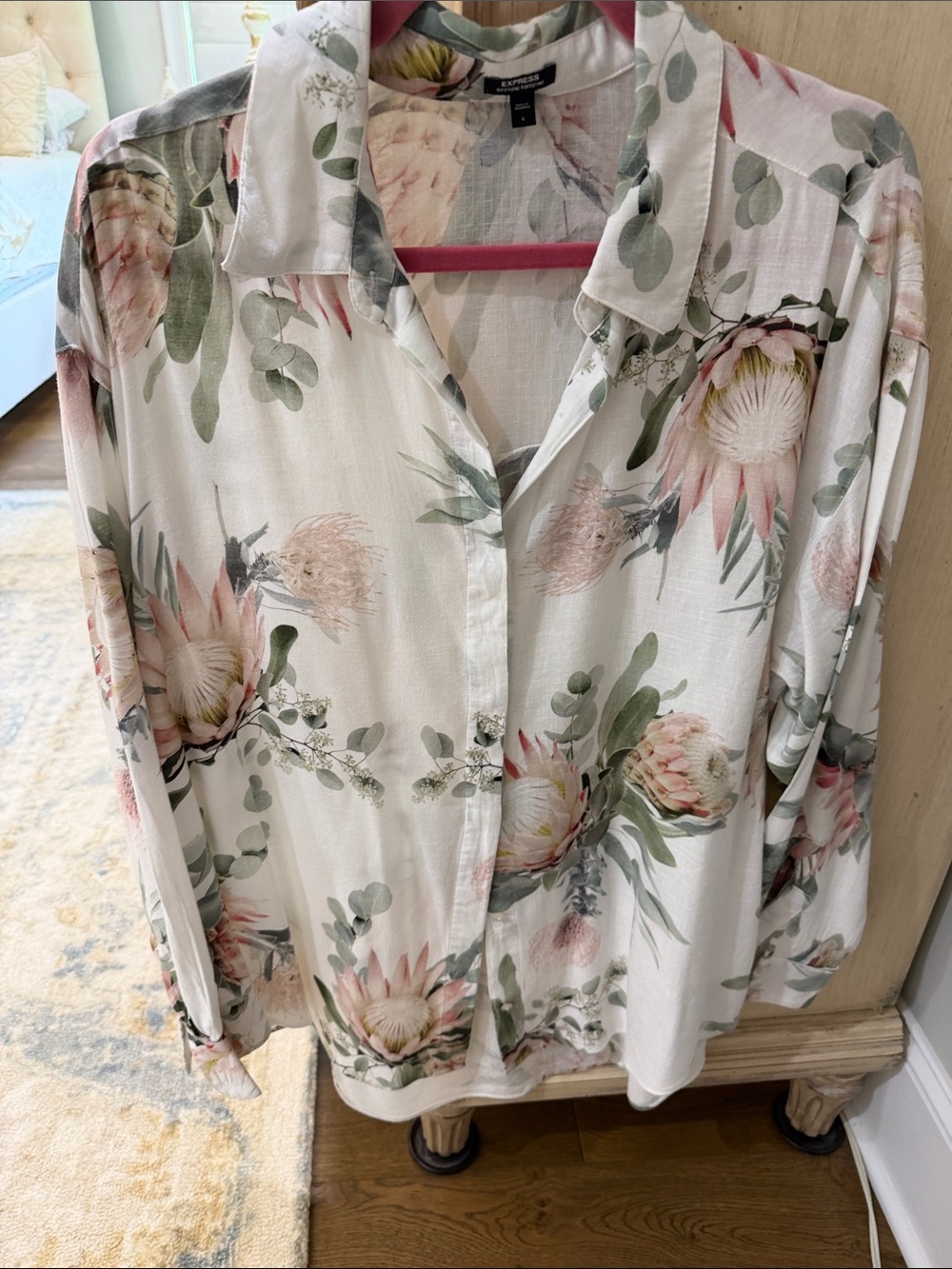 Express Floral Button-Down Shirt - White with Pink & Green